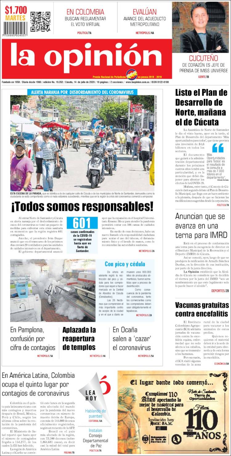 Portada de Diario La Opinion (Colombia)