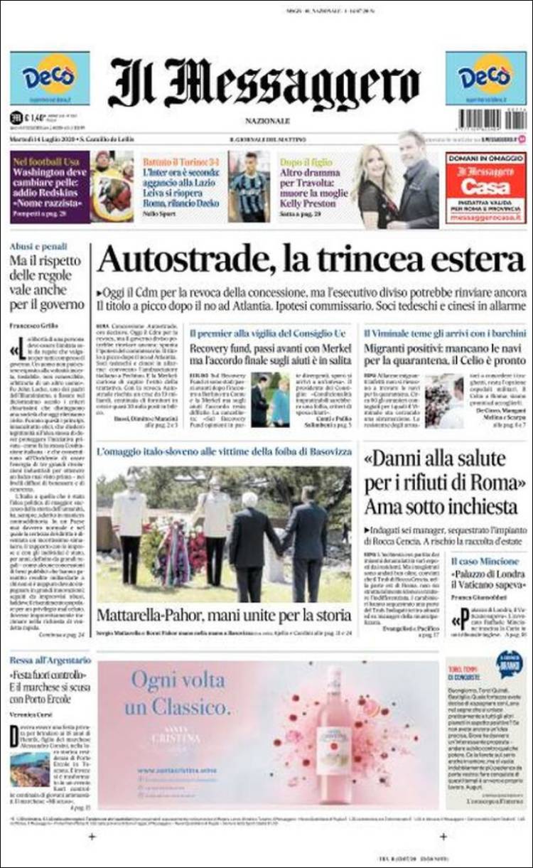 Portada de Il Messaggero (Italia)