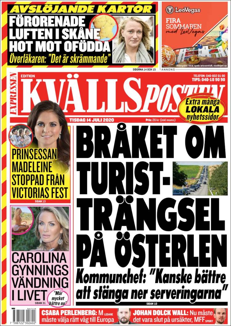 Portada de Kvällsposten (Suecia)