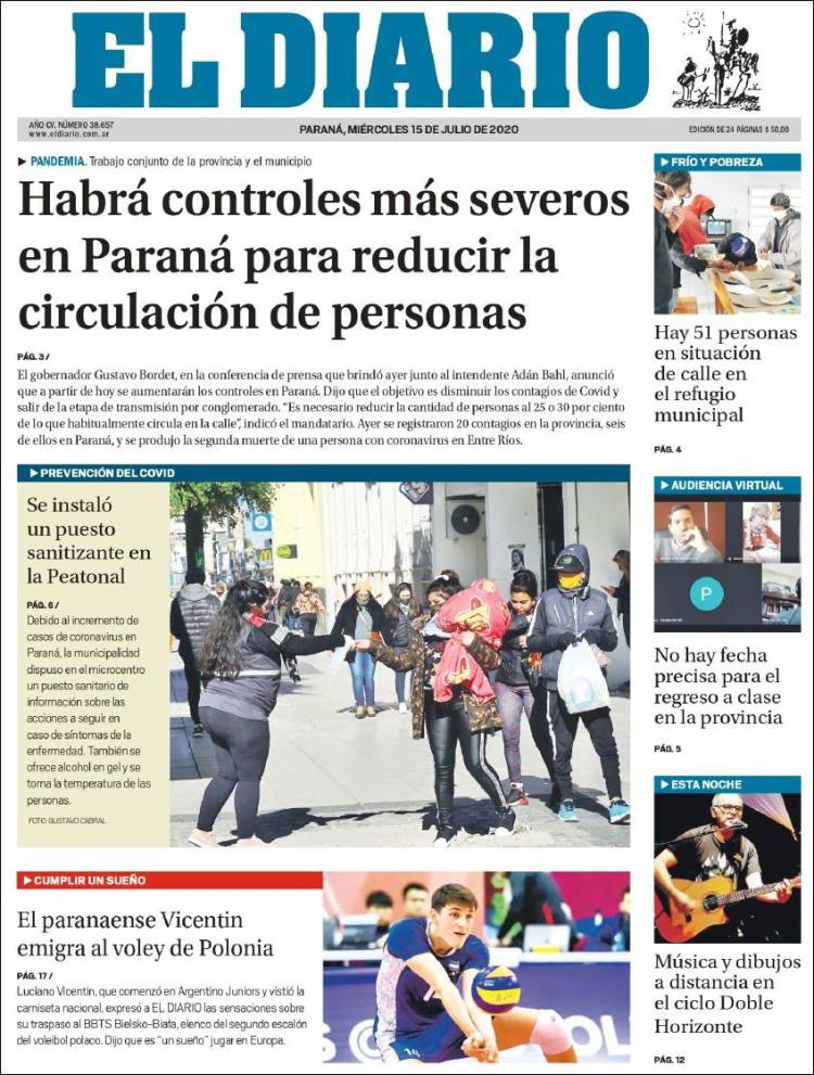 Portada de El Diario de Paraná (Argentina)