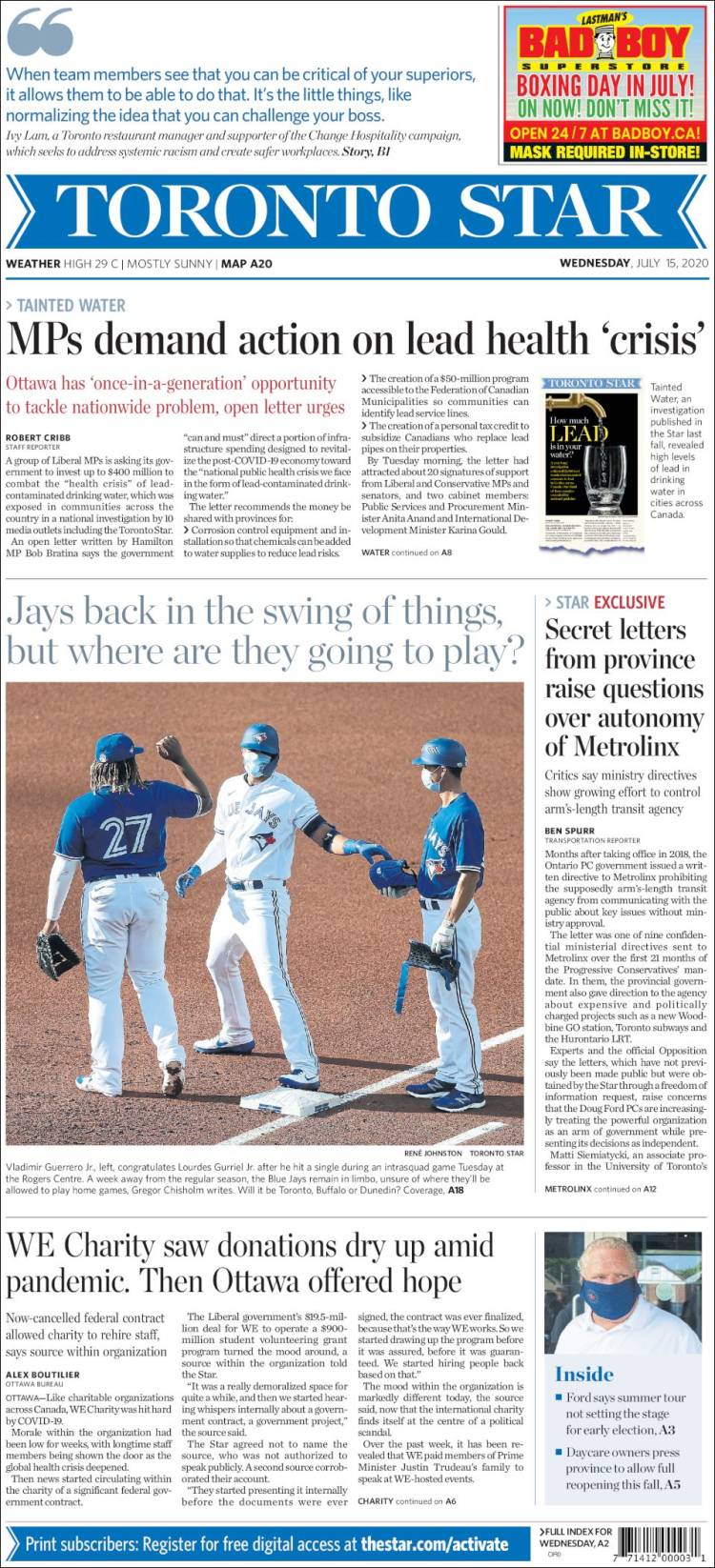 Portada de The Toronto Star (Canadá)