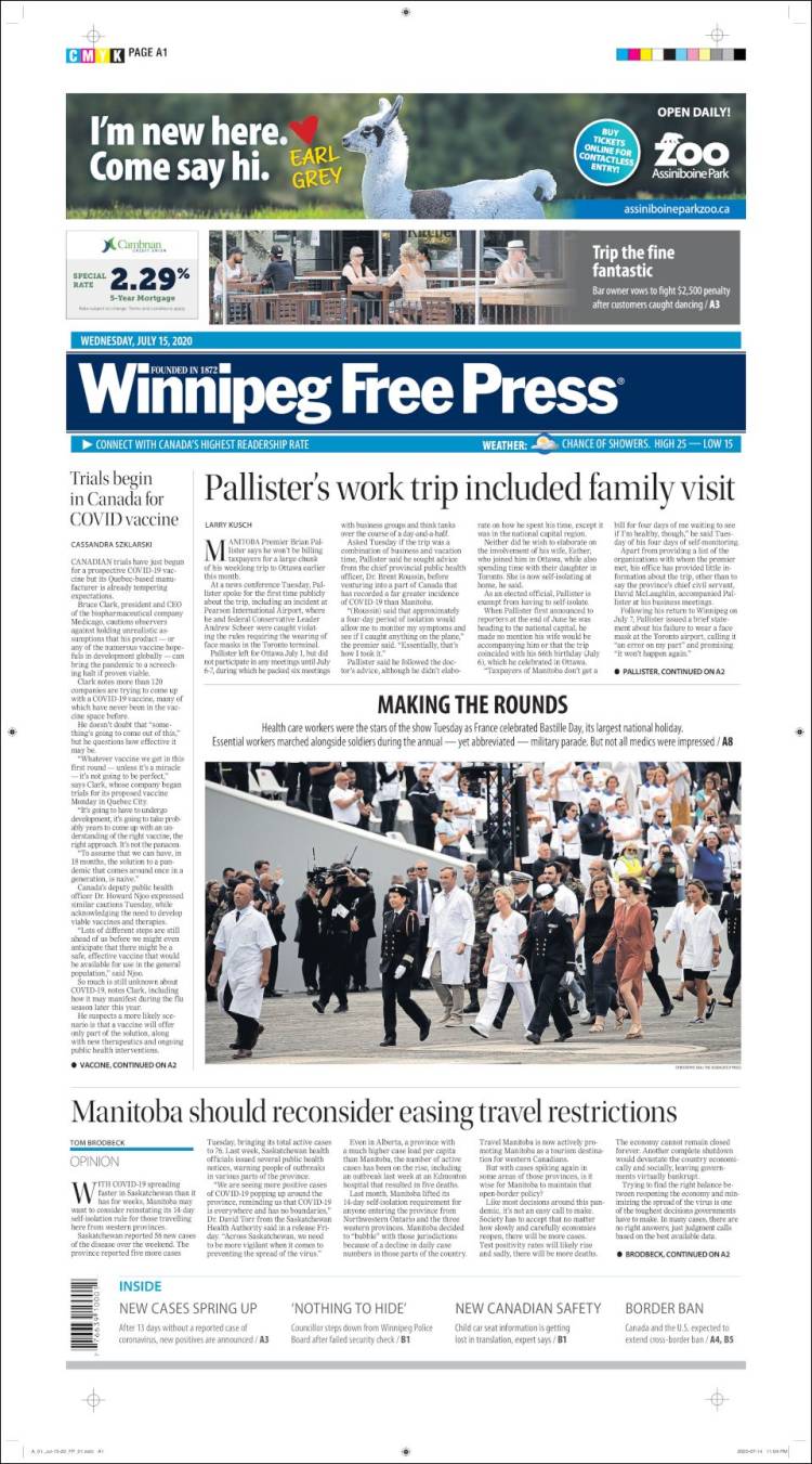 Portada de Winnipeg Free Press (Canadá)