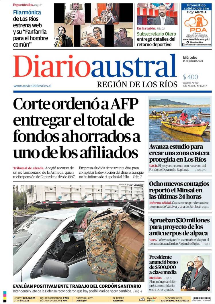 Portada de El Diario Austral de Valdivia (Chile)