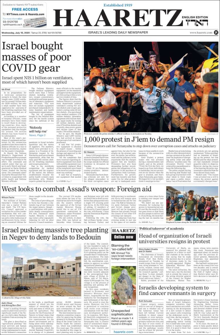 Portada de Haaretz (Israel)