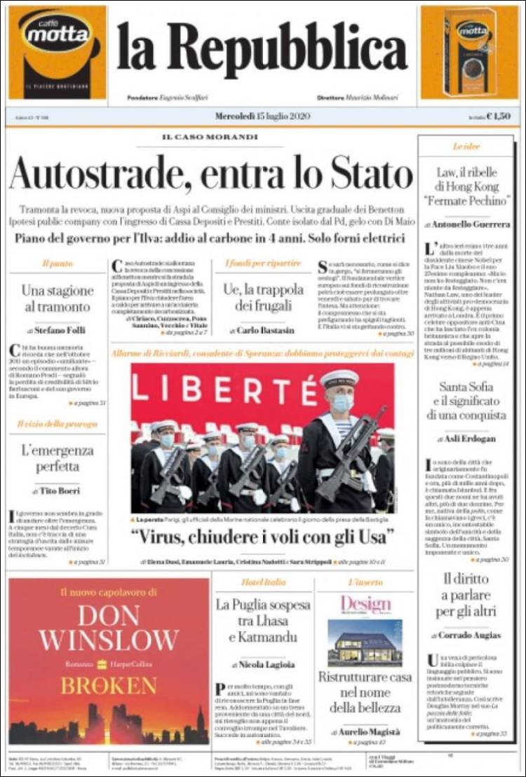 Portada de La Repubblica (Italia)