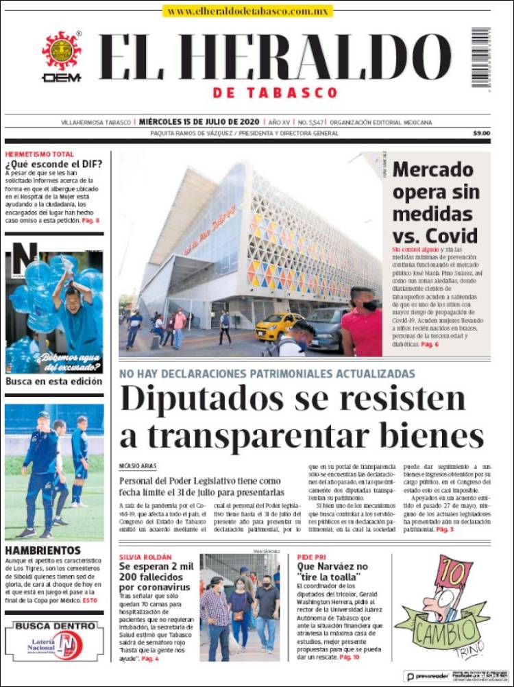 Portada de El Heraldo de Tabasco (M&eacute;xico)