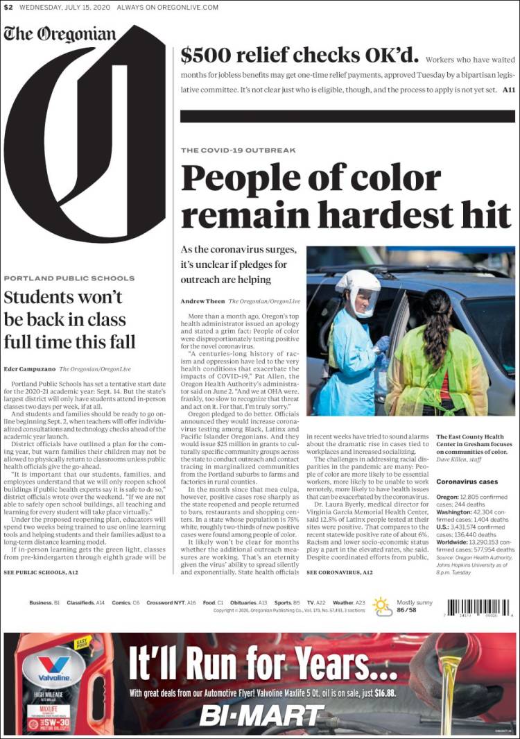 Portada de The Oregonian (USA)