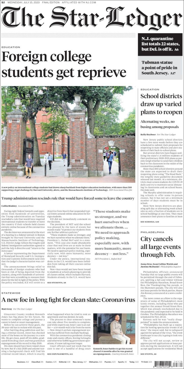 Portada de Star-Ledger (USA)