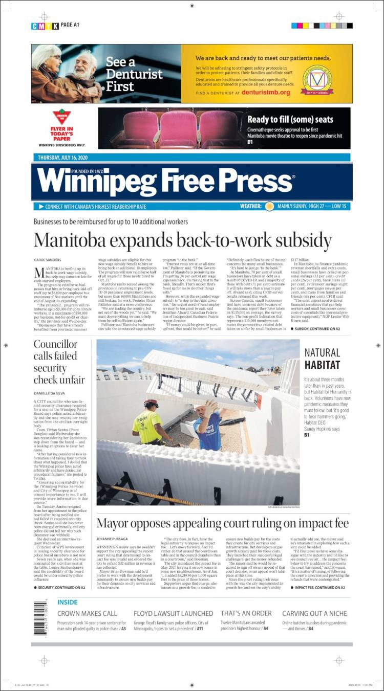 Portada de Winnipeg Free Press (Canadá)