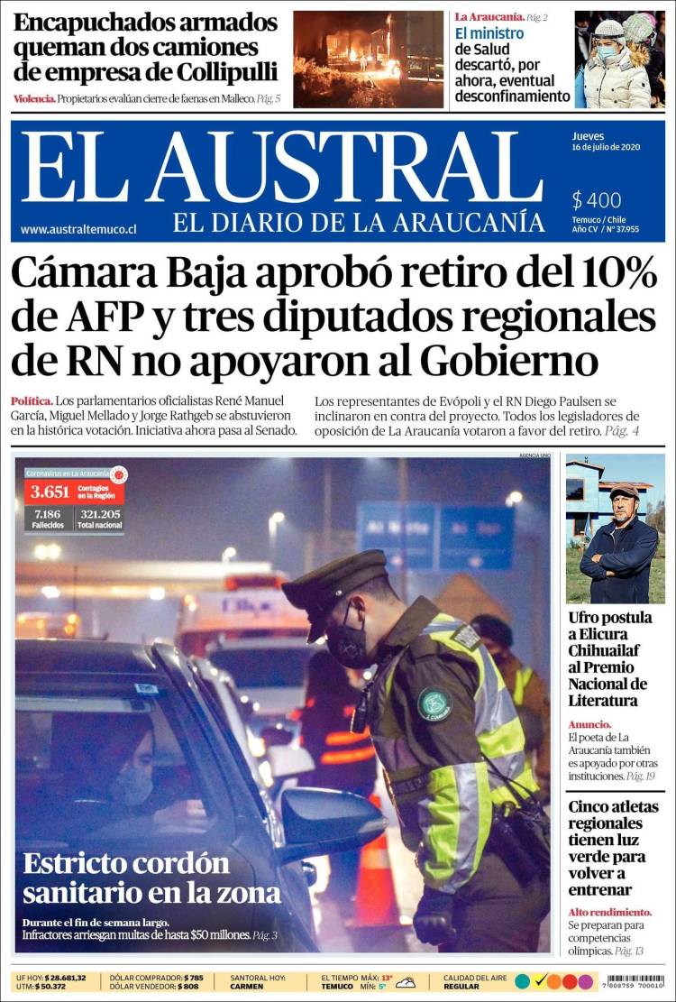 Portada de El Austral de Temuco (Chile)