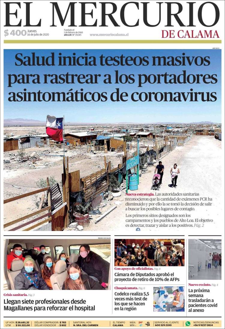 Portada de El Mercurio - Calama (Chile)