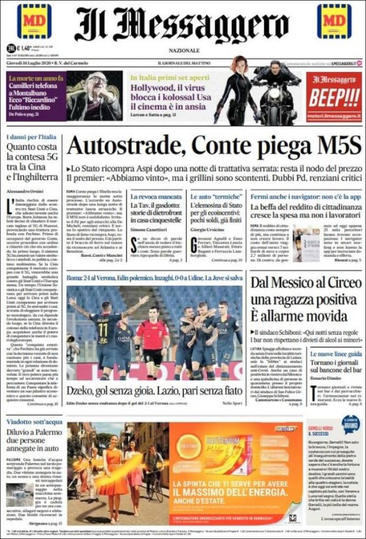 Portada de Il Messaggero (Italia)