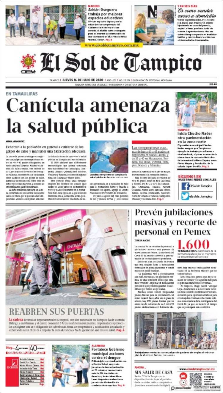 Portada de El Sol de Tampico (M&eacute;xico)