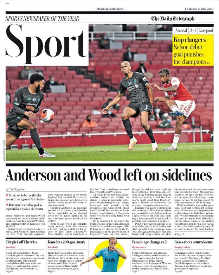 Portada de Telegraph Sport (Reino Unido)