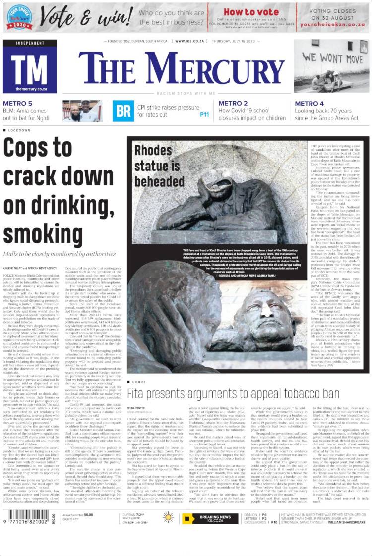 Portada de The Mercury (Sud&aacute;frica)