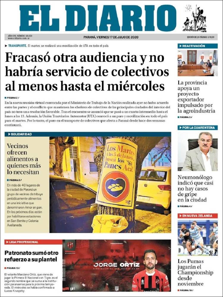 Portada de El Diario de Paraná (Argentina)