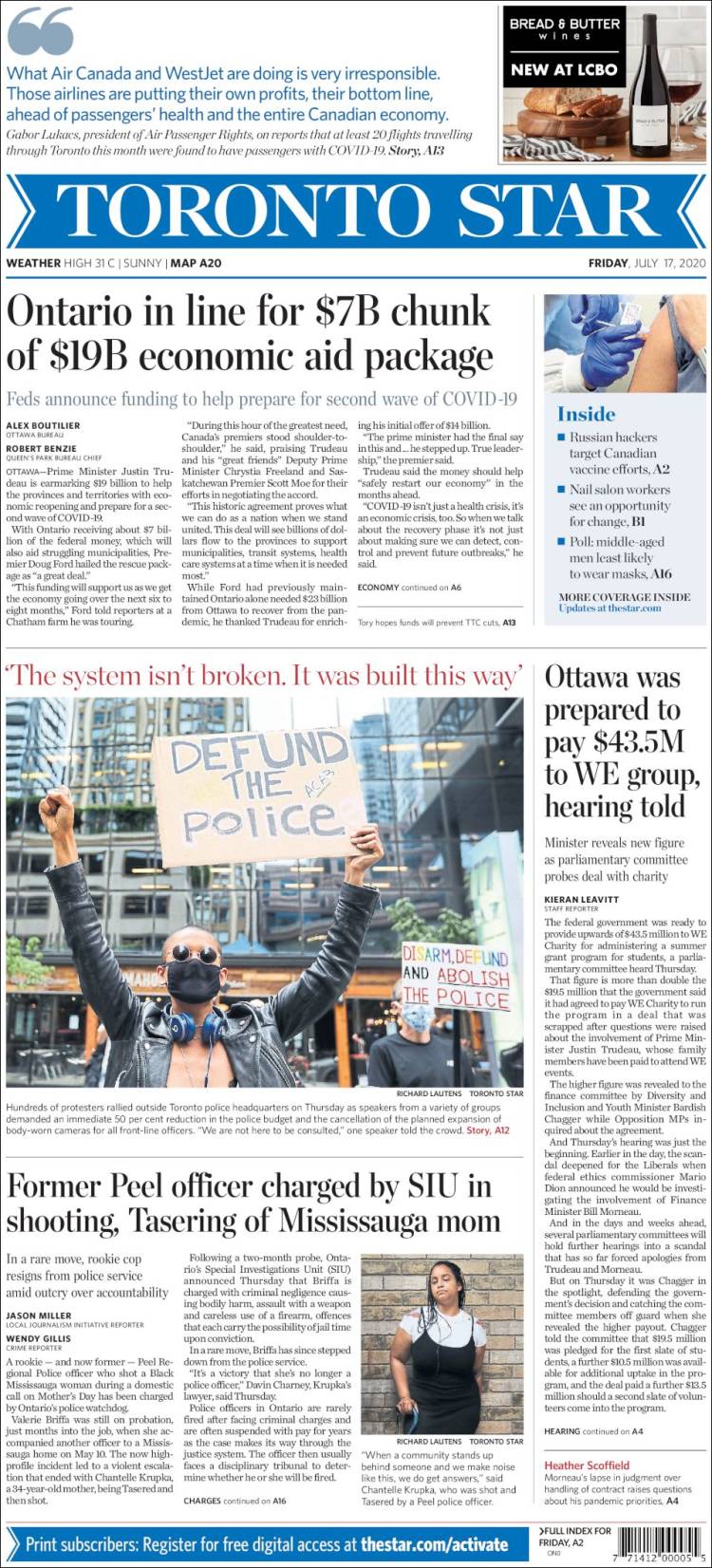 Portada de The Toronto Star (Canada)