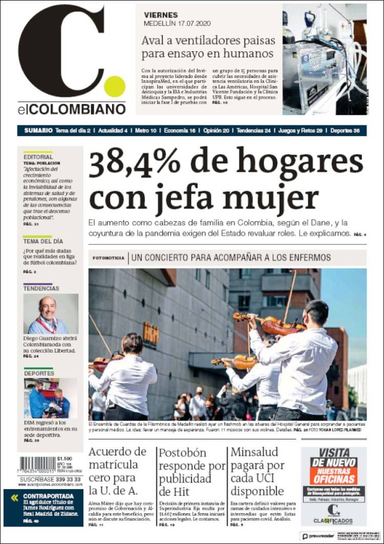 Portada de El Colombiano (Colombia)