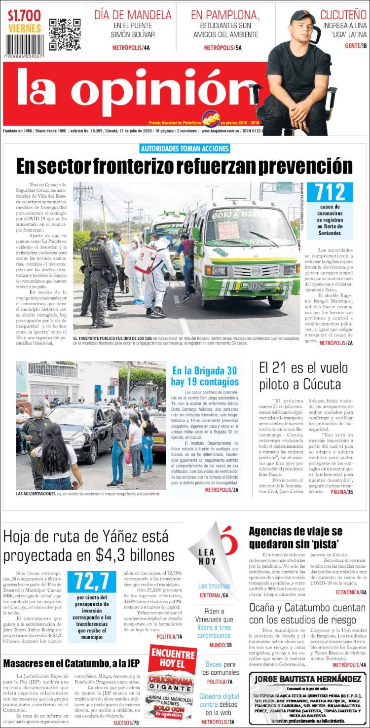 Portada de Diario La Opinion (Colombia)