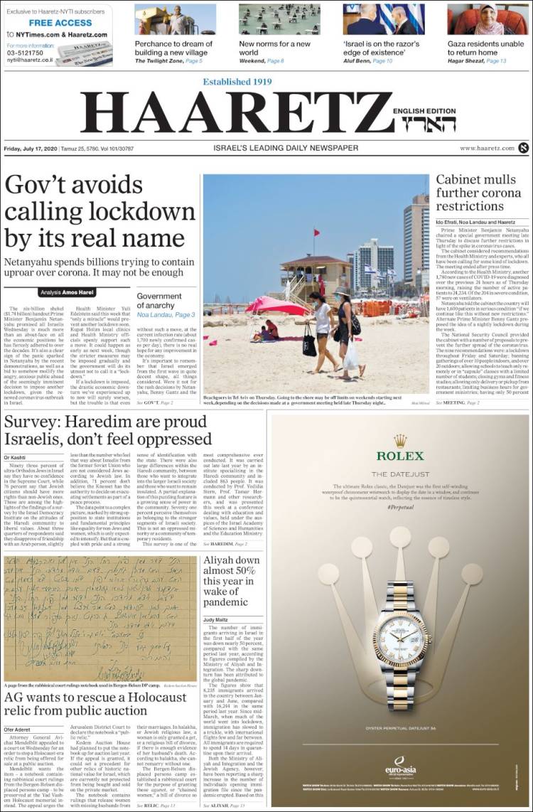 Portada de Haaretz (Israel)