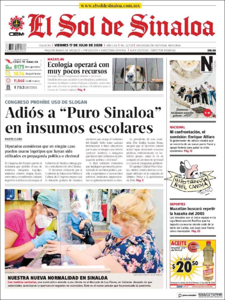 Portada de El Sol de Sinaloa (M&eacute;xico)