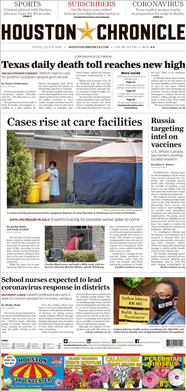 Portada de Houston Chronicle (USA)