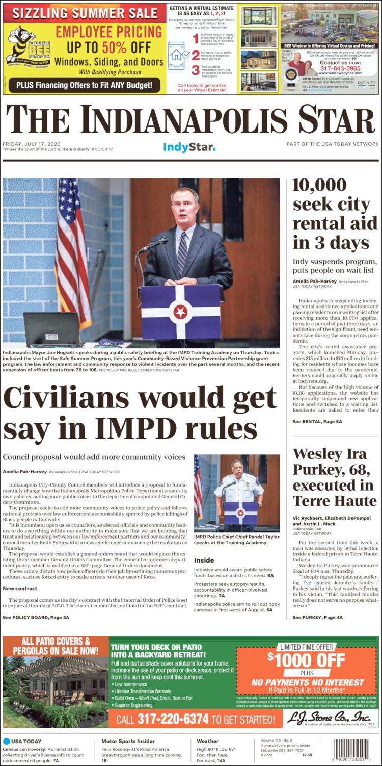 Portada de The Indianapolis Star (USA)