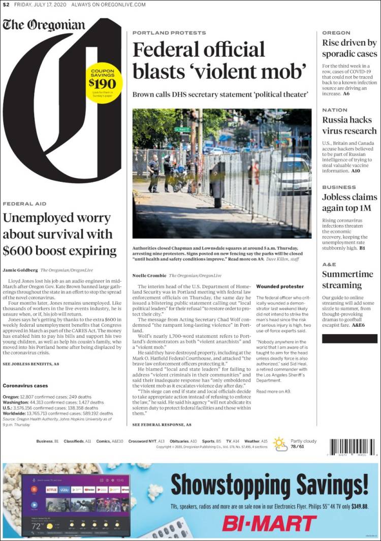 Portada de The Oregonian (USA)