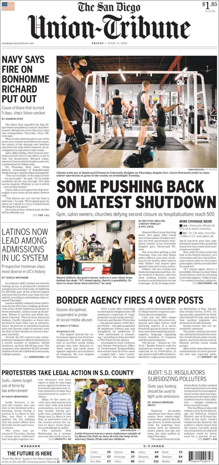 Portada de The San Diego Union-Tribune (USA)