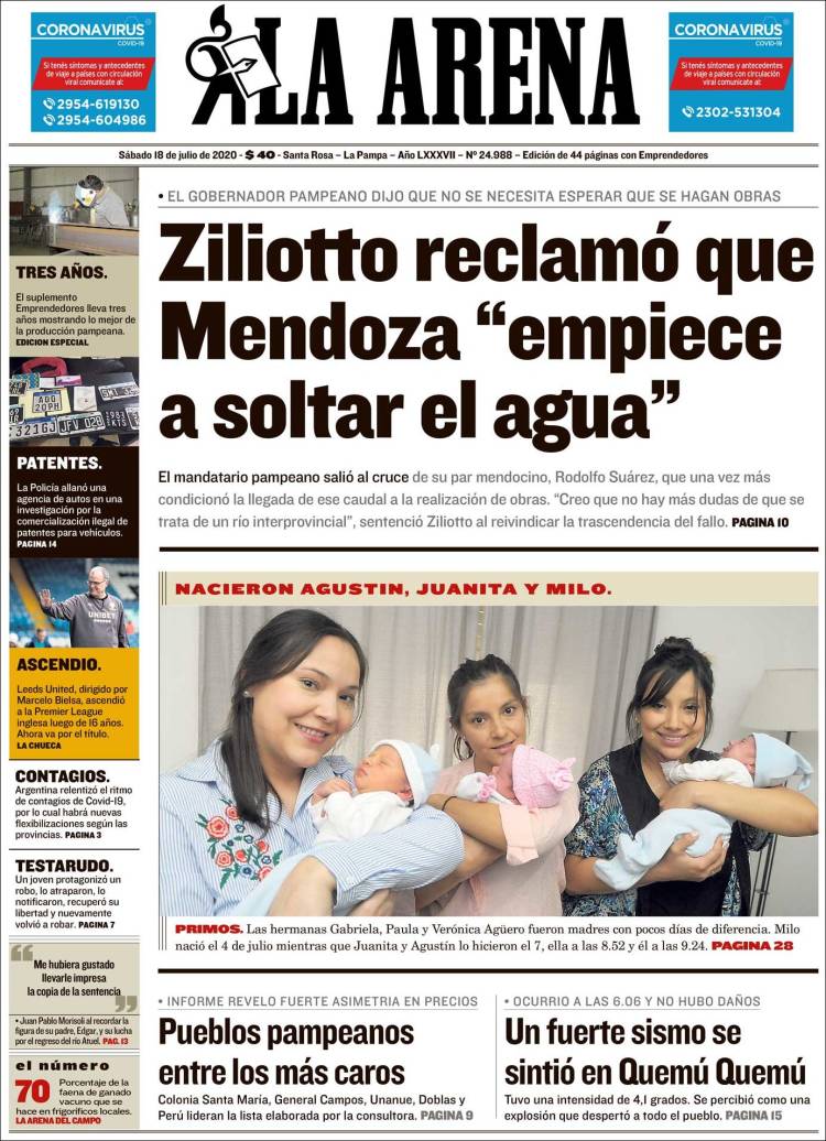 Portada de Diario La Arena (Argentina)