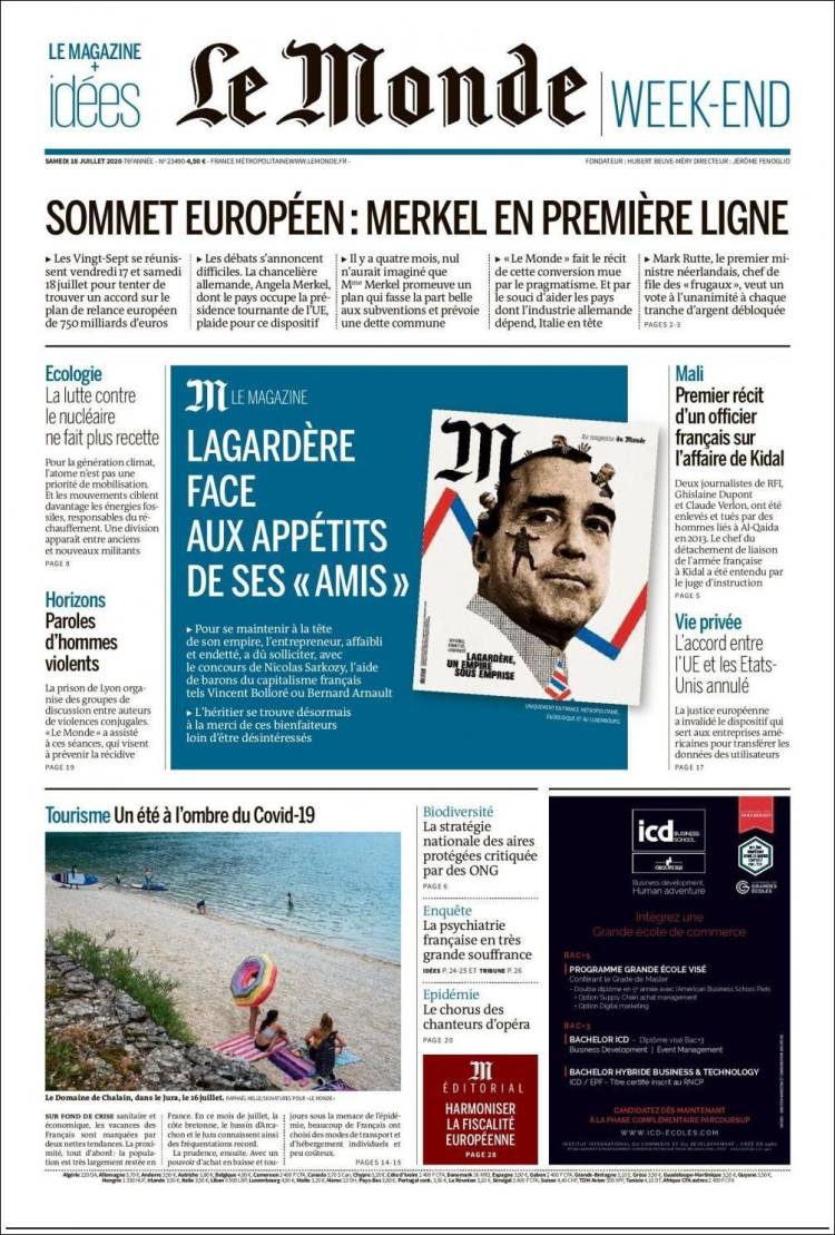 Periódico Le Monde (Francia). Periódicos de Francia. Edición de sábado, 18  de julio de 2020. 