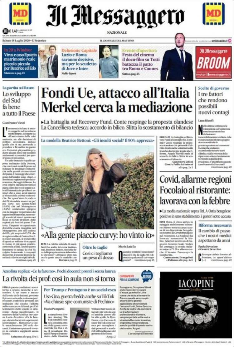 Portada de Il Messaggero (Italia)