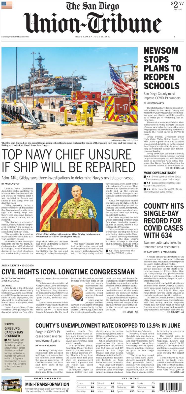 Portada de The San Diego Union-Tribune (USA)