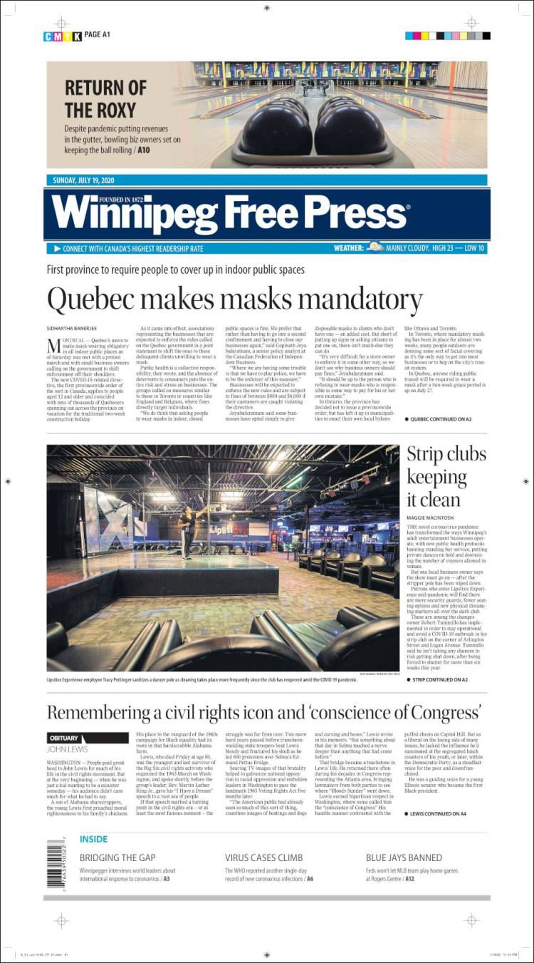 Portada de Winnipeg Free Press (Canadá)