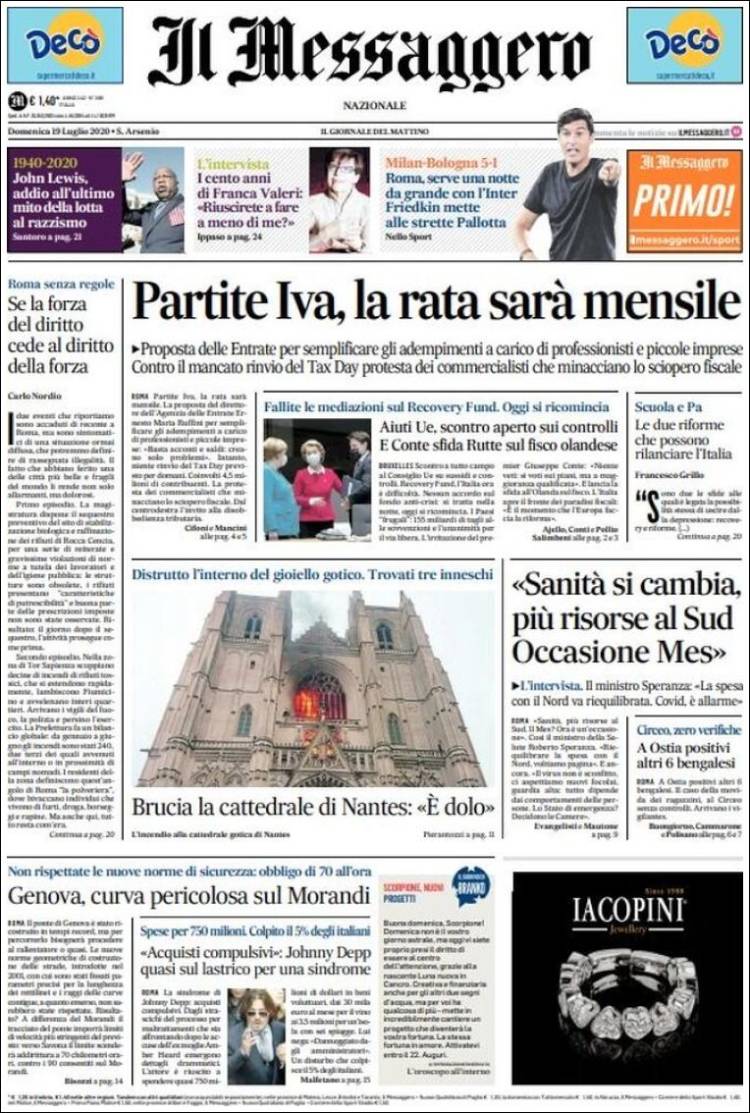Portada de Il Messaggero (Italia)