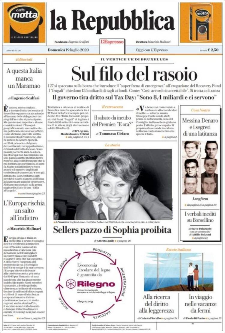 Portada de La Repubblica (Italia)