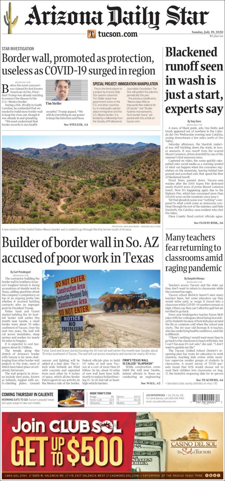 Portada de Arizona Daily Star (USA)