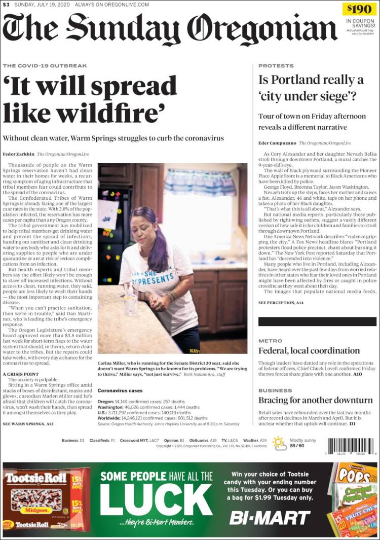 Portada de The Oregonian (USA)