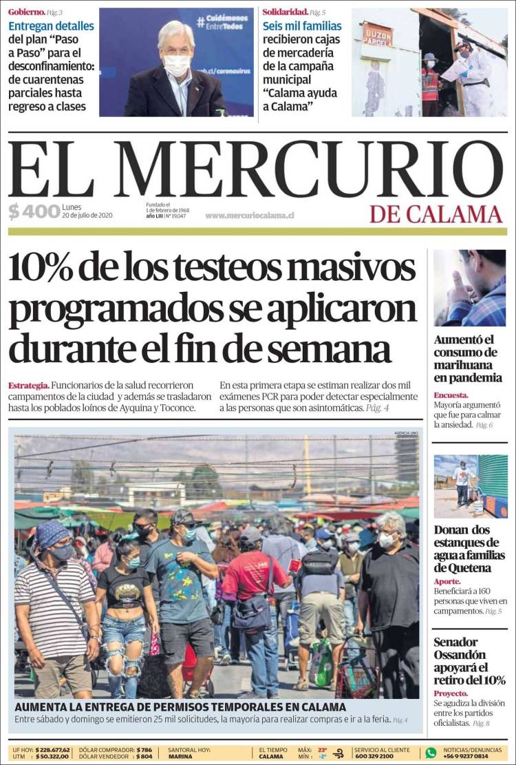 Portada de El Mercurio - Calama (Chile)