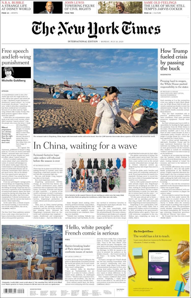 Portada de International New York Times (Europa)