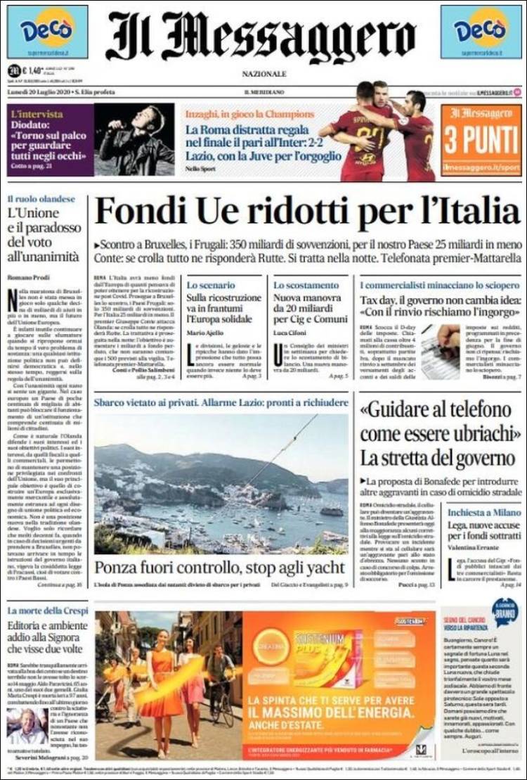 Portada de Il Messaggero (Italia)