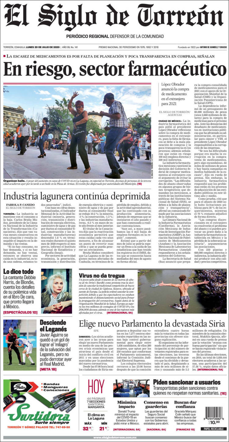 Portada de El Siglo de Torreon (M&eacute;xico)