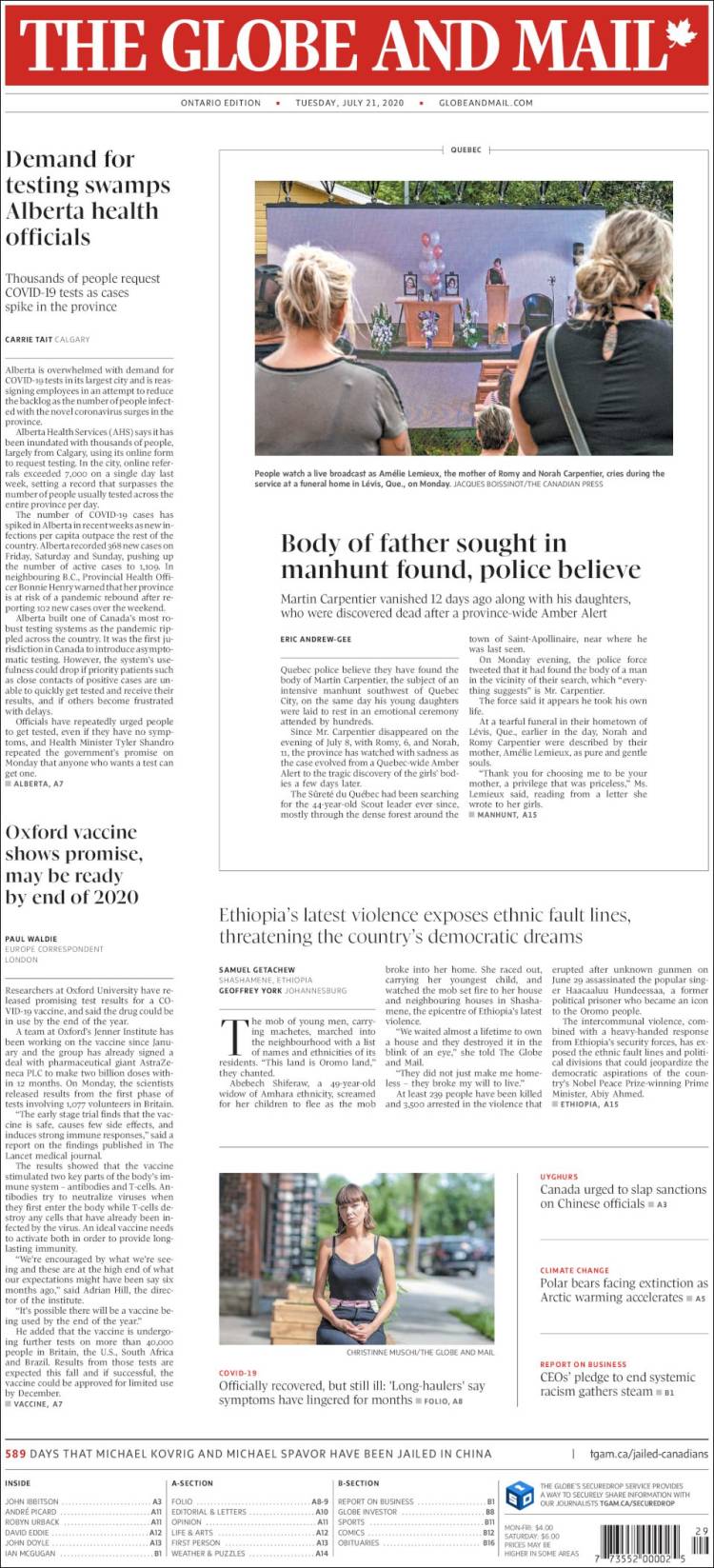 Portada de The Globe and Mail (Canadá)