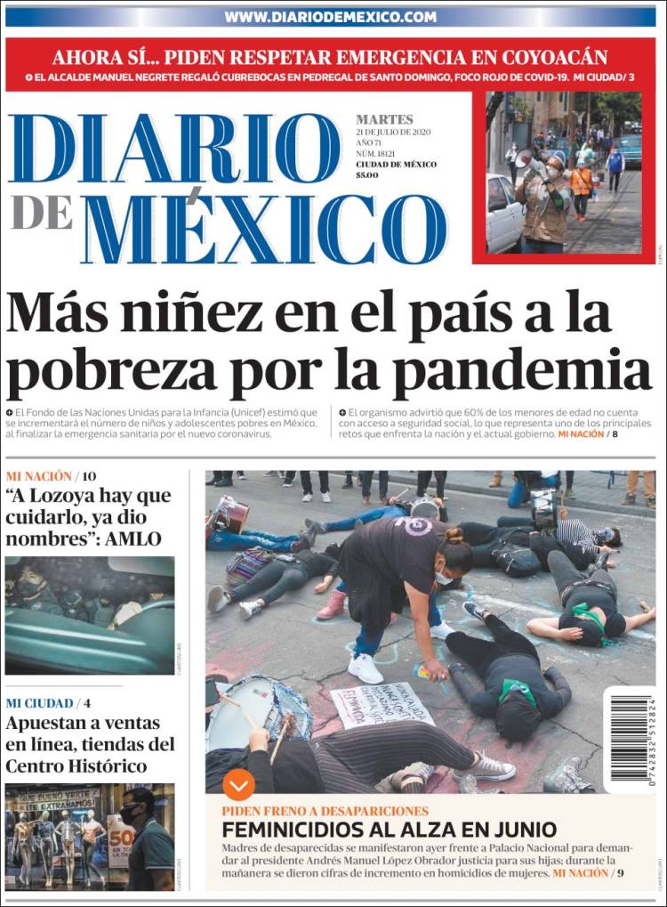 Periódico Diario de México (México). Periódicos de México. Edición de  martes, 21 de julio de 2020. 