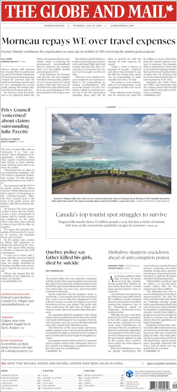 Portada de The Globe and Mail (Canadá)