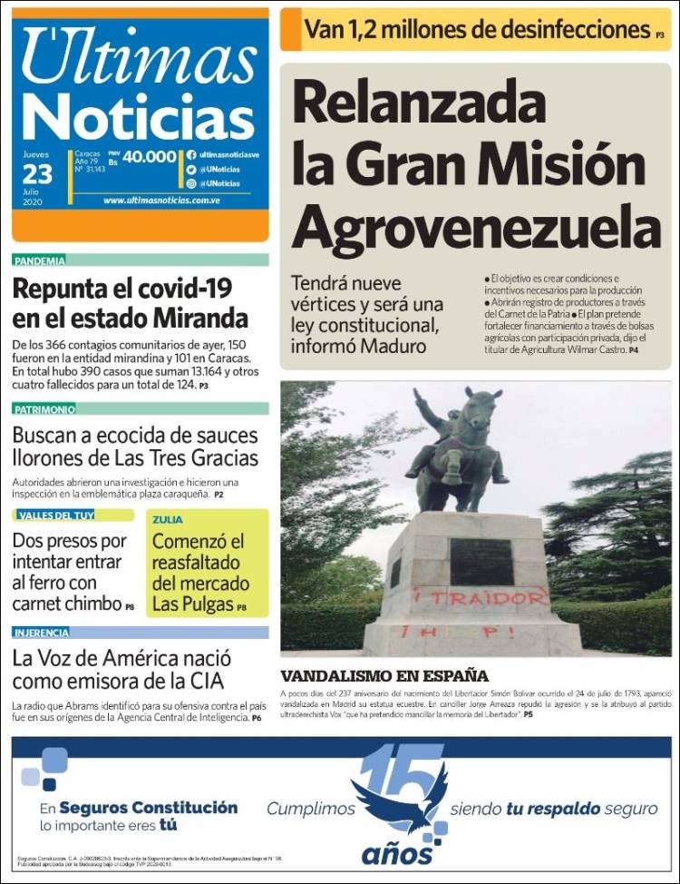 Portada de Últimas Noticias (Venezuela)