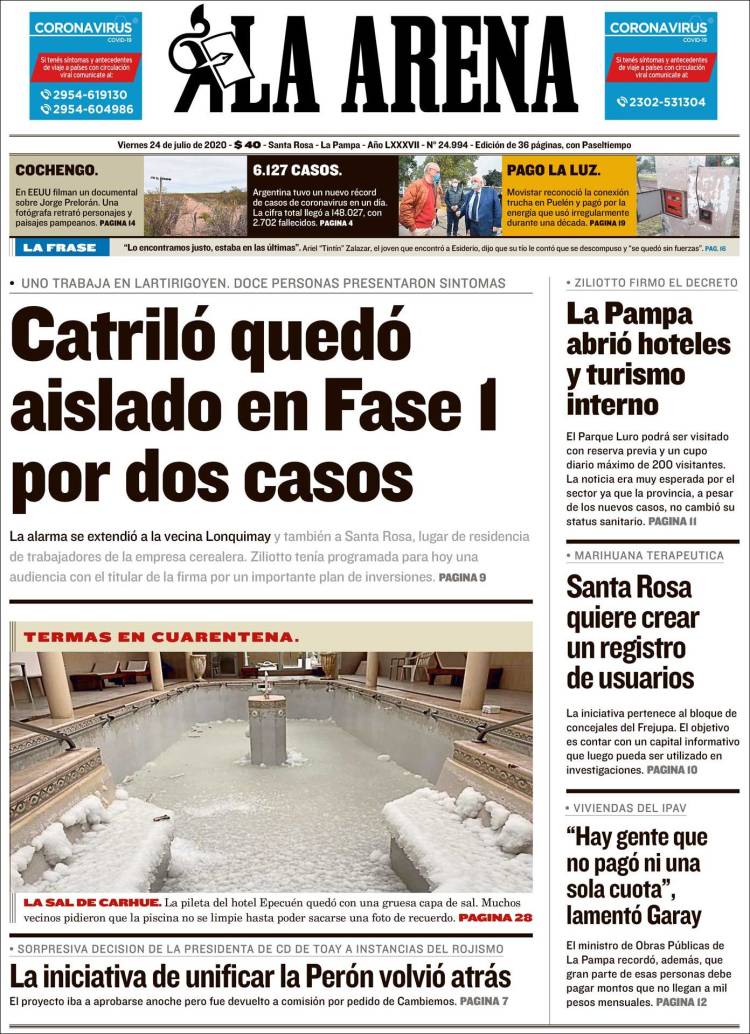 Portada de Diario La Arena (Argentina)