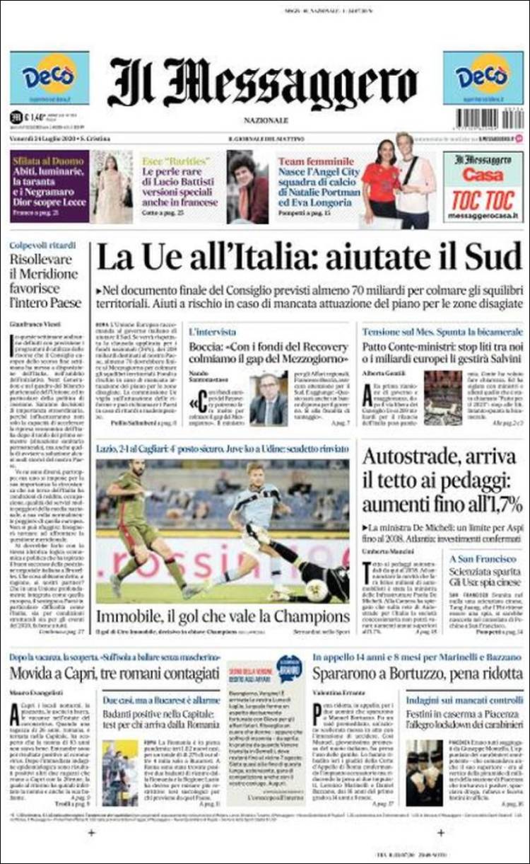 Portada de Il Messaggero (Italia)