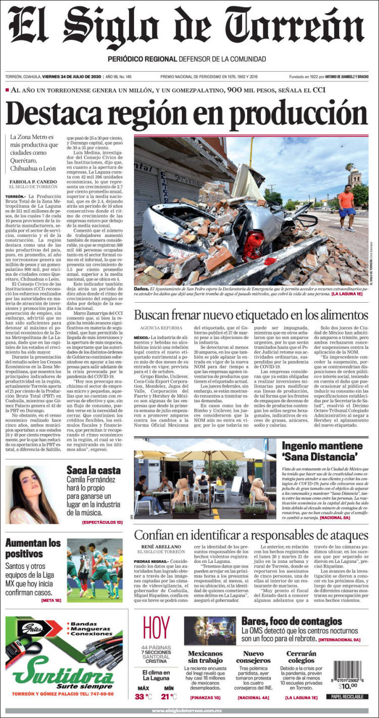 Portada de El Siglo de Torreon (México)