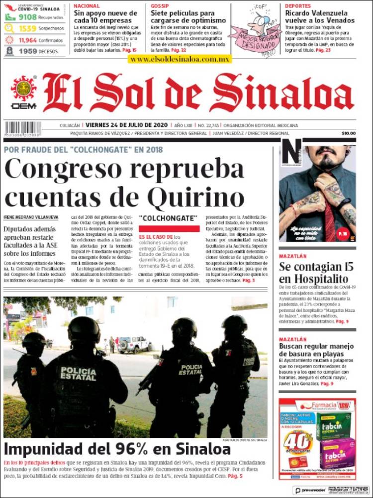 Portada de El Sol de Sinaloa (México)
